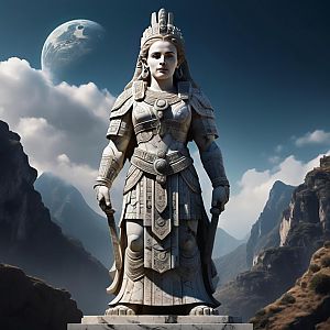 Statue of Woman in Ancient Warrior Armor Against Mountain Landscape