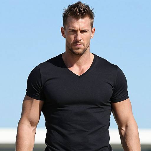 Muscular Man in Black V-Neck T-Shirt Outdoors