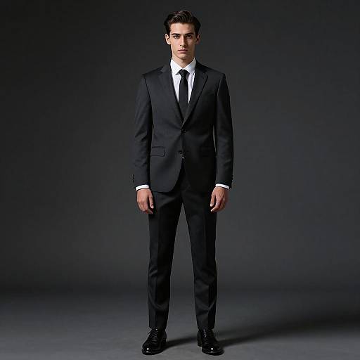 Young Man in Modern Black Suit Standing Against Dark Background