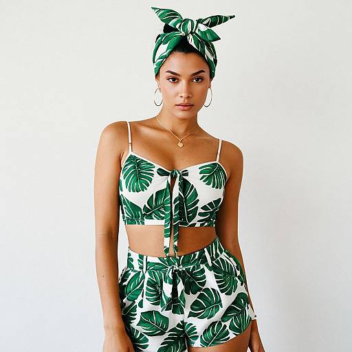 Woman in Tropical Resort Wear with White and Green Leaf Print Crop Top and Shorts