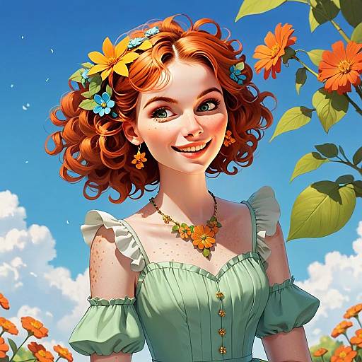 Red-Haired Woman with Floral Accessories in Light Green Dress Digital Art
