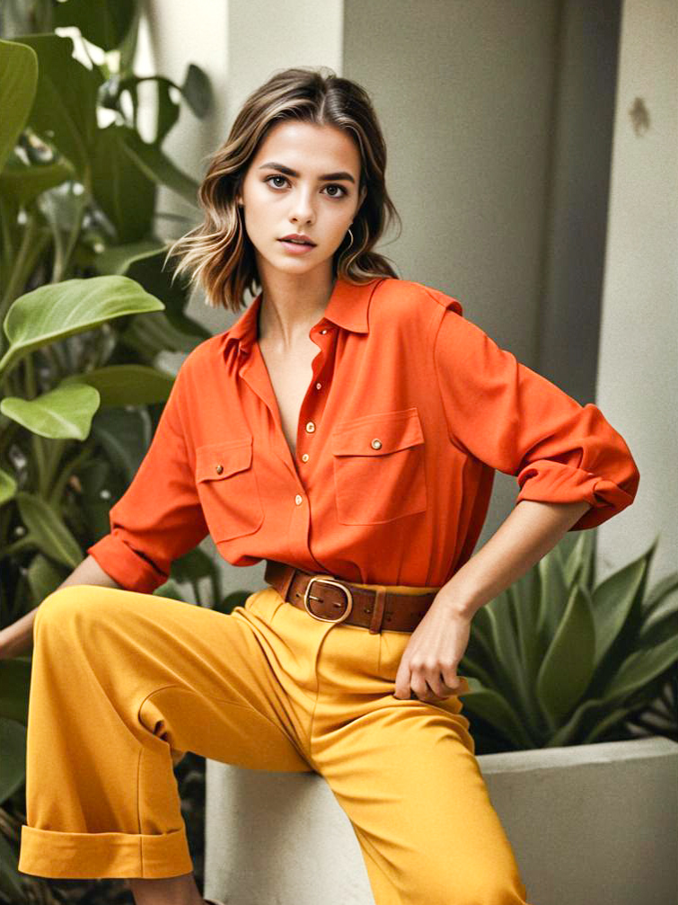 Stylish Woman in Orange Shirt and Yellow Trousers