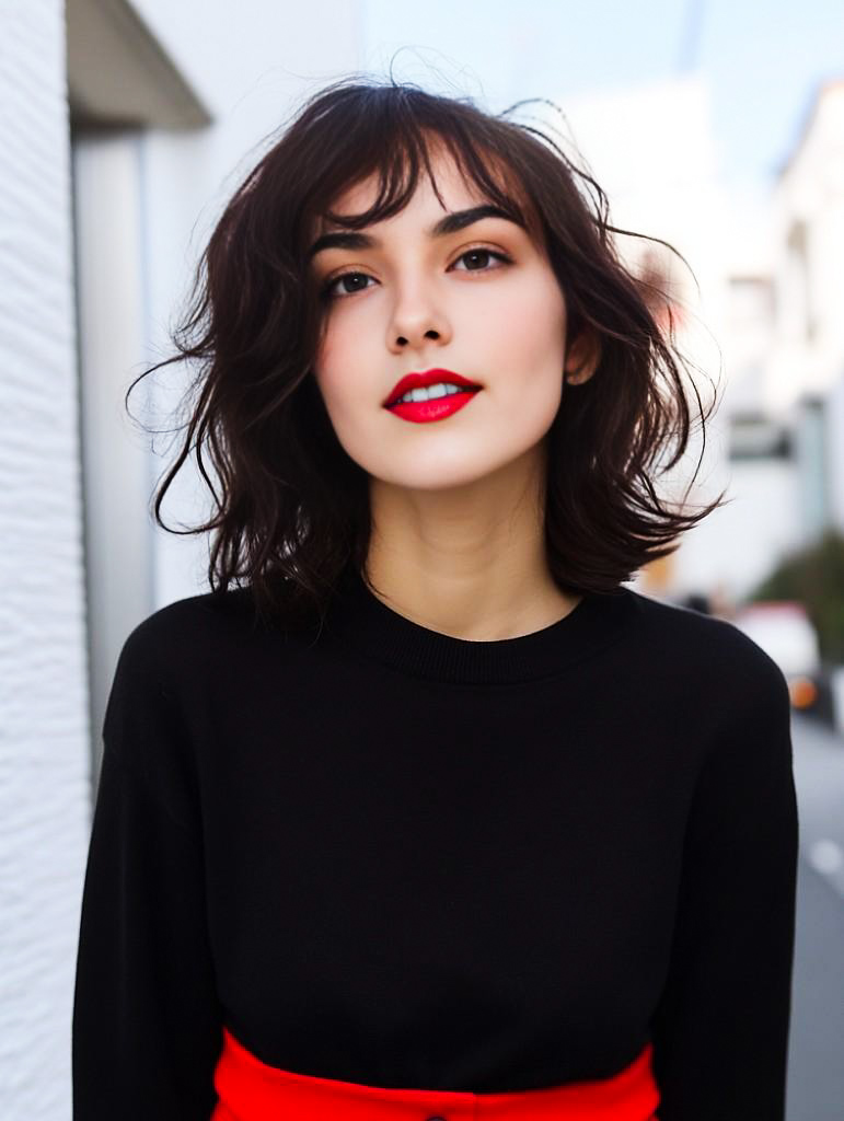 Stylish Woman with Red Lip and Wavy Hair