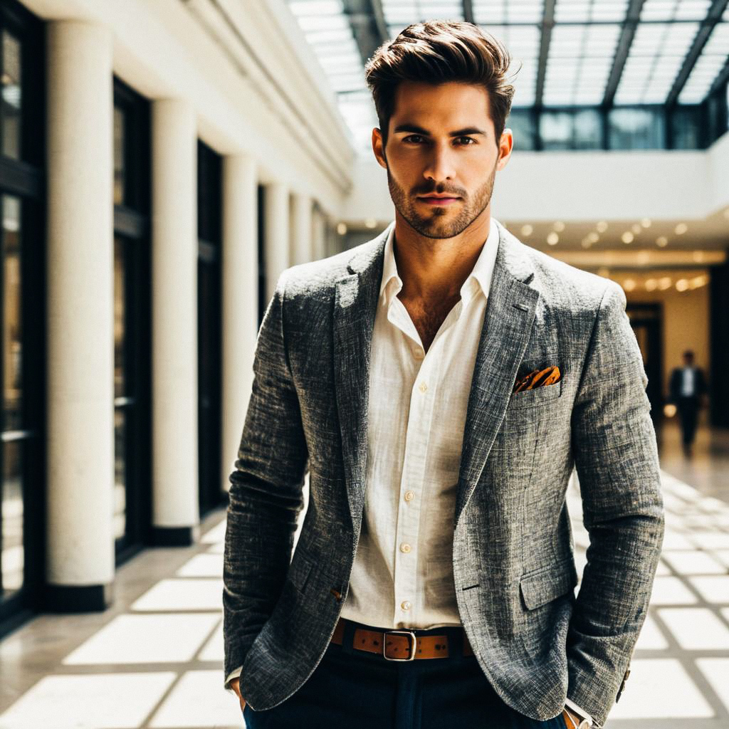 Stylish man in gray blazer in modern corridor