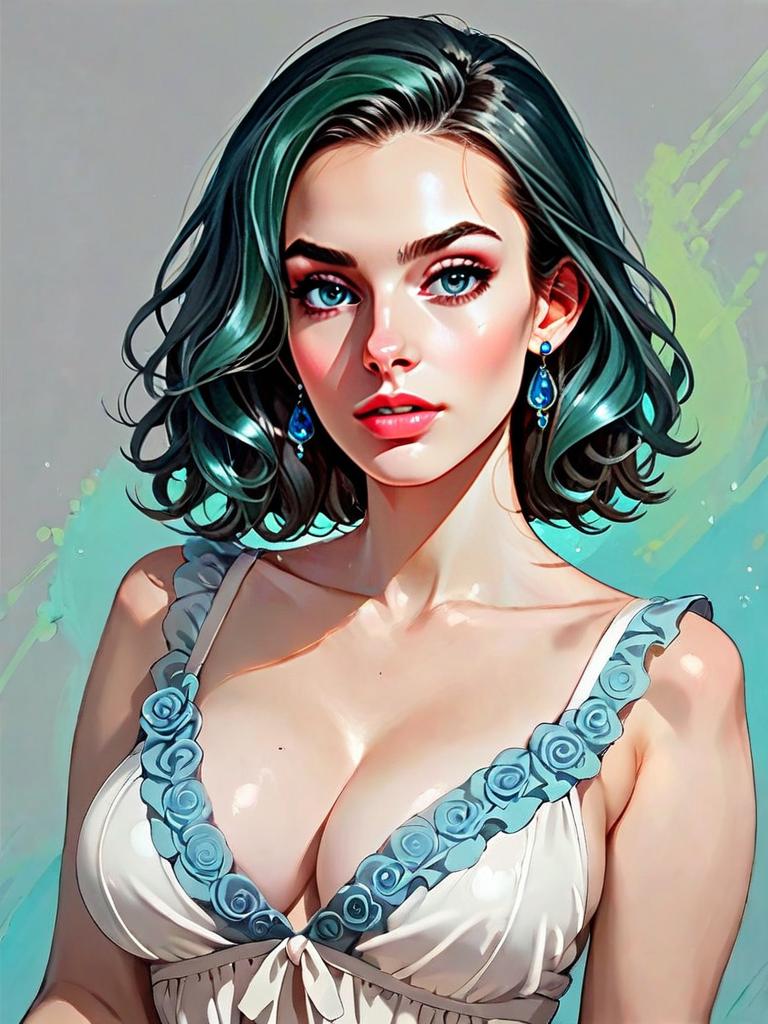Realistic Digital Portrait of Woman in Emerald Green Silk Satin Babydoll with Blue Rose Details