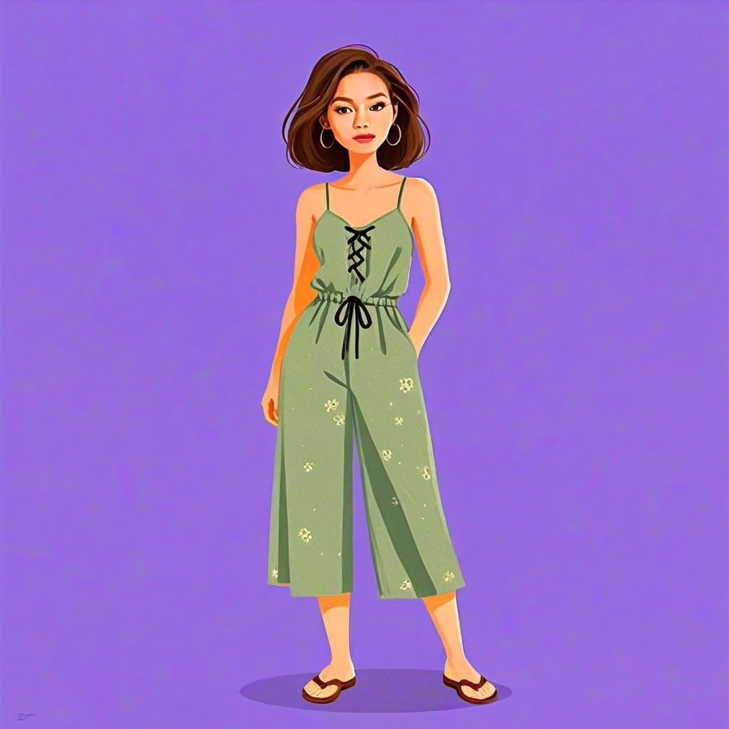 Stylish Woman Wearing Olive Green Lace-Up Design Romper Illustration