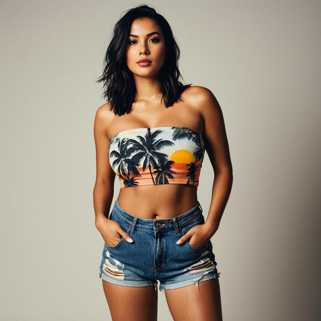 Confident Woman Wearing Tropical Crop Top and Distressed Denim Shorts