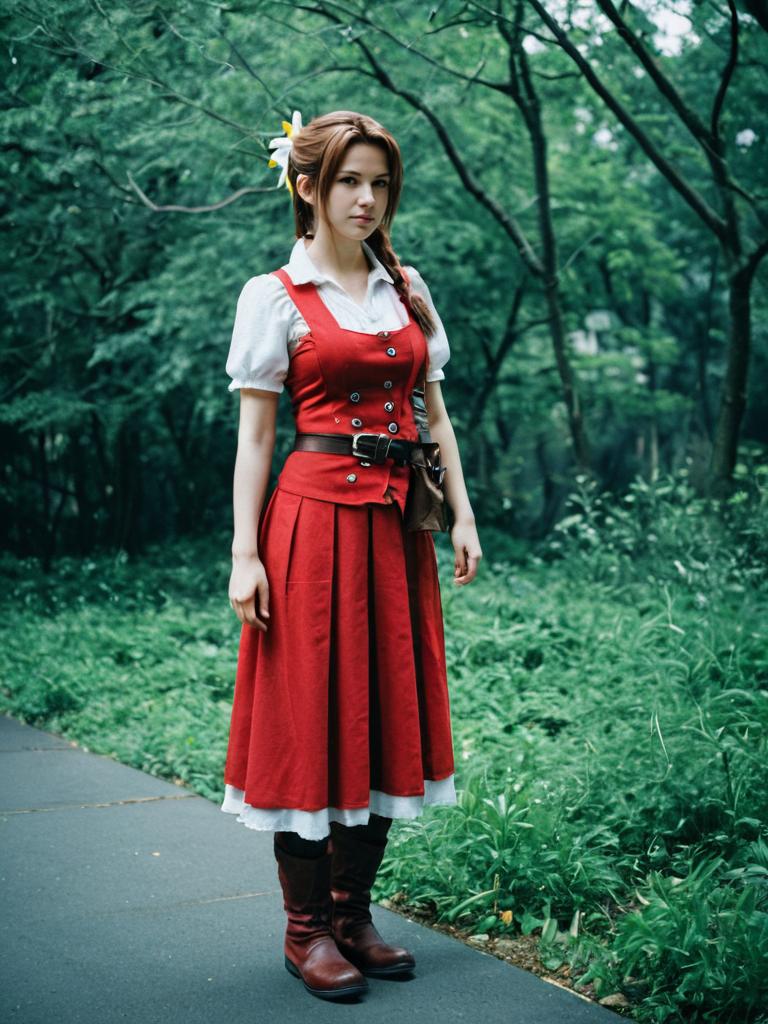 Woman in Aerith Cosplay Costume in Forest Setting