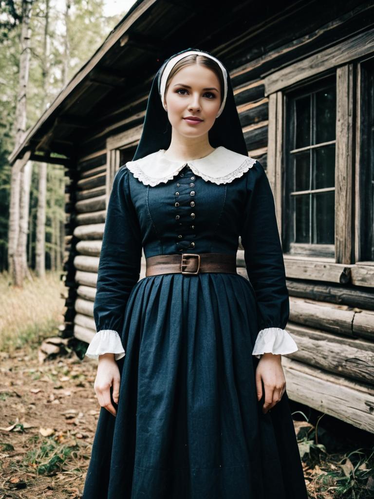 Young Woman in Traditional Colonial Dress by Rustic Cabin