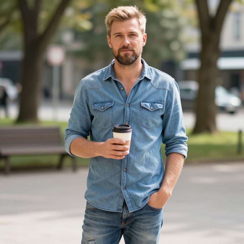 Casual man in denim holding coffee cup outdoors