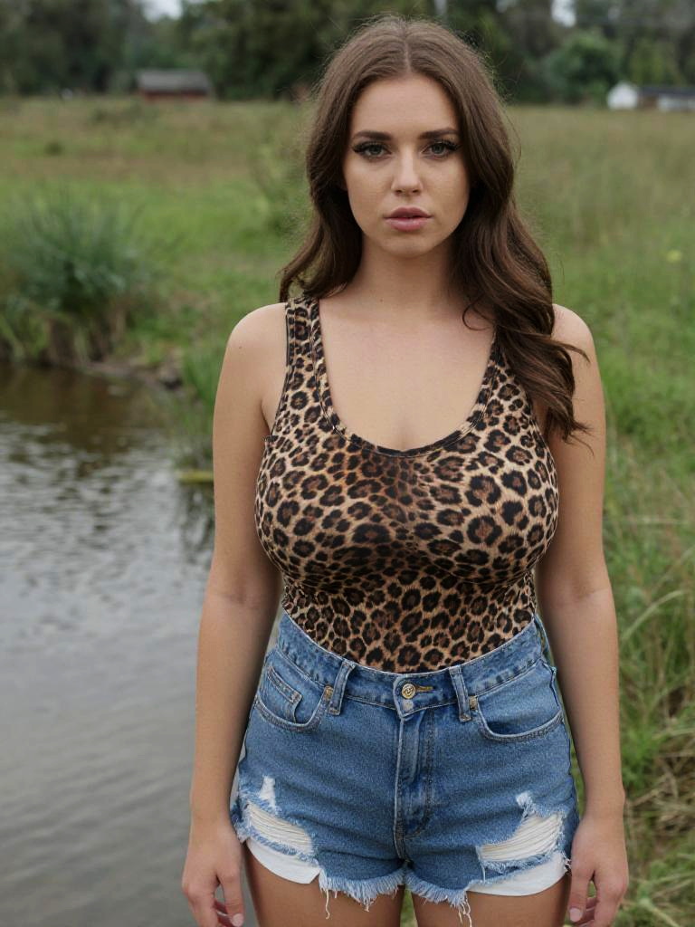 Pear Shaped Woman in Casual Sleeveless Leopard Print and Denim Shorts