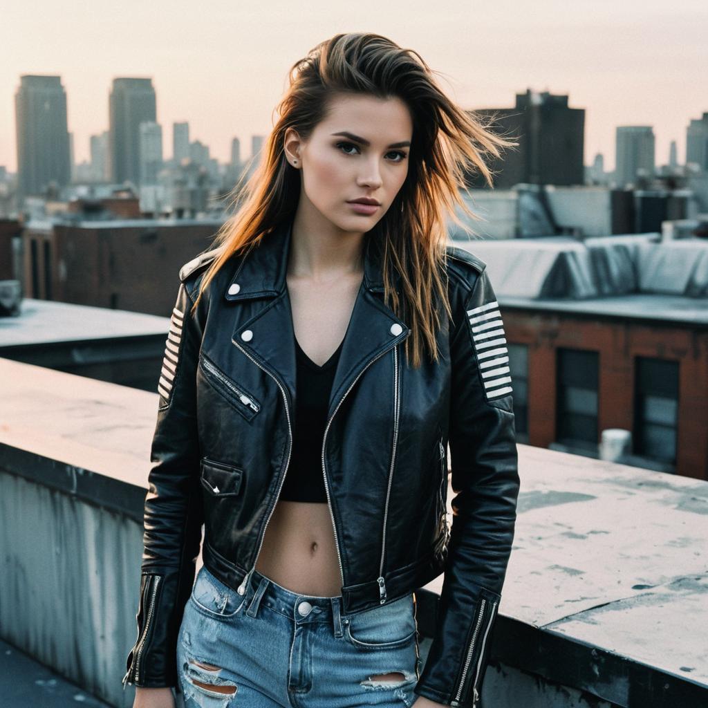 Urban Rooftop Fashion Portrait of Woman in Leather Jacket and Distressed Jeans