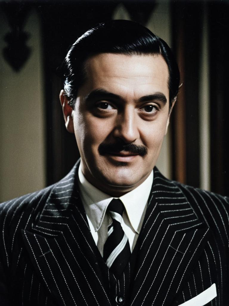 Photorealistic Portrait of Man in Gomez Addams Costume Cinematic Cosplay