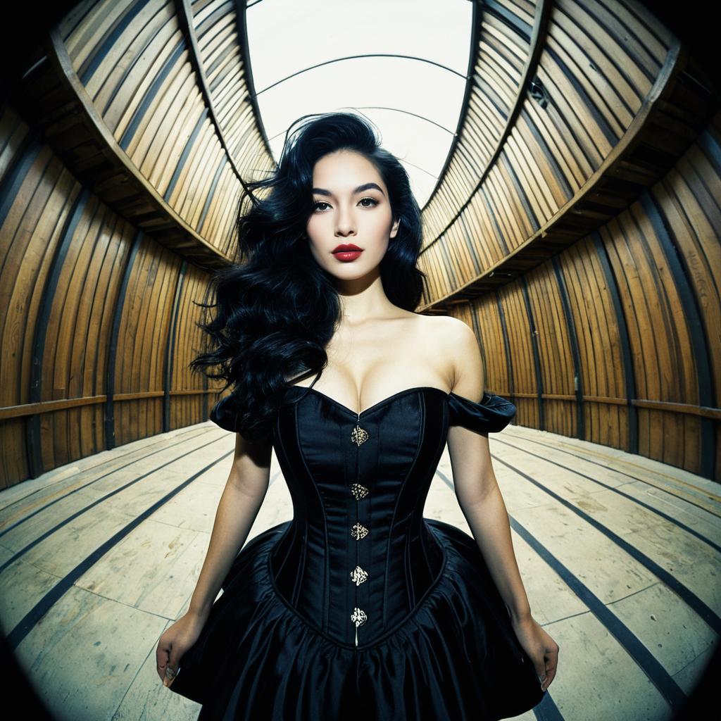 Elegant Woman in Victorian Black Corset Dress in Wooden Tunnel