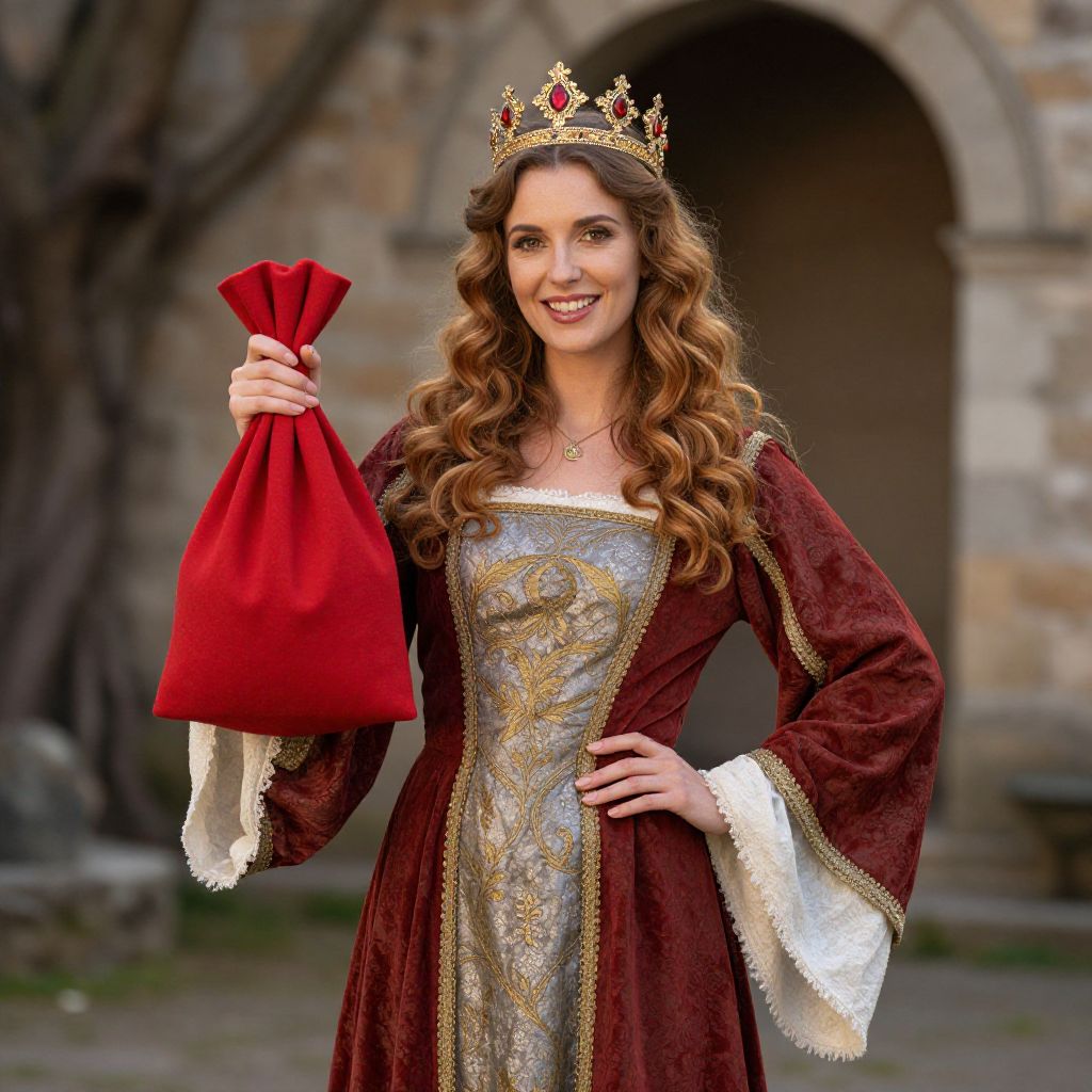 Medieval Queen in Ornate Gown Holding Red Velvet Bag Outdoors