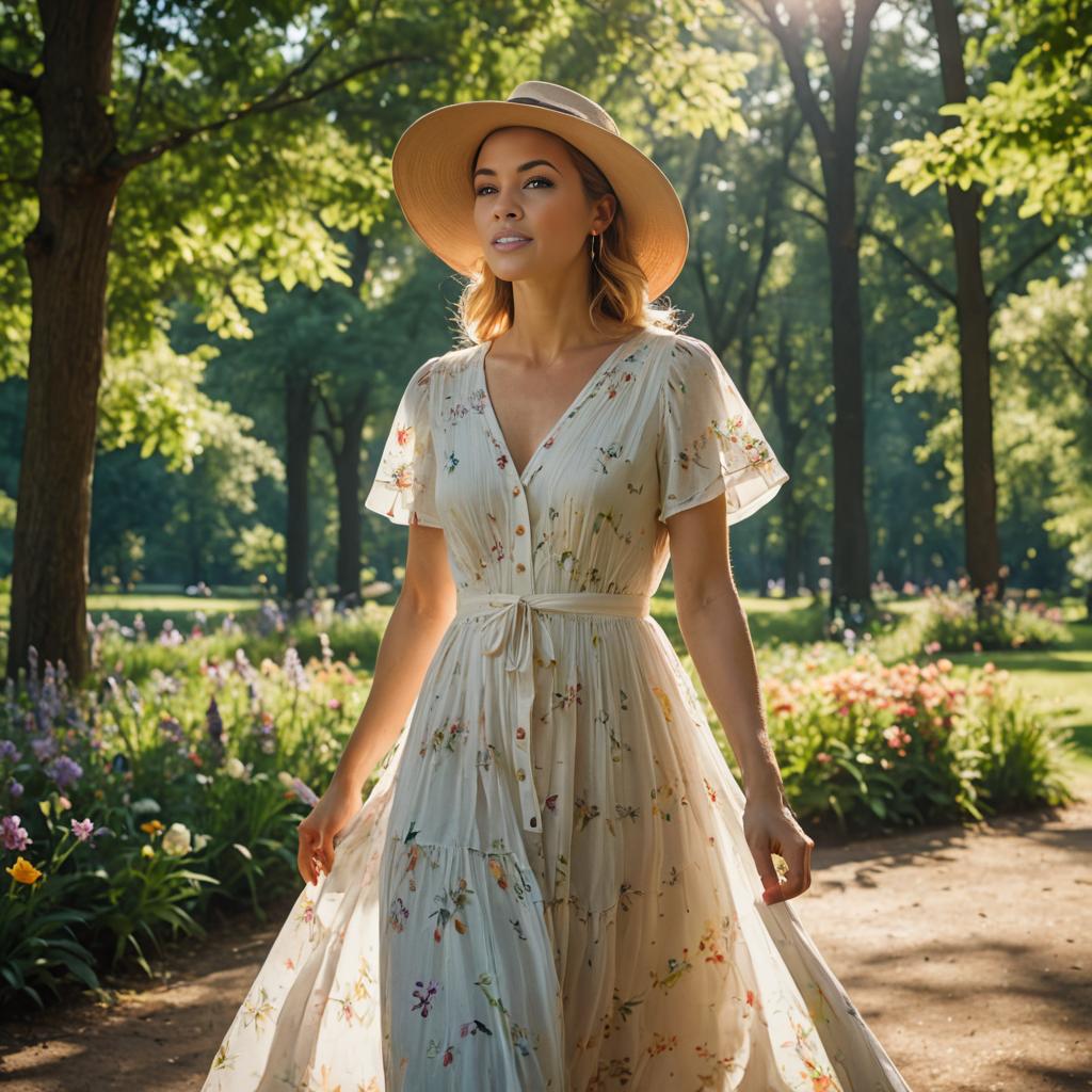 Woman in Floral Dress and Straw Hat in Enchanted Outdoor Setting