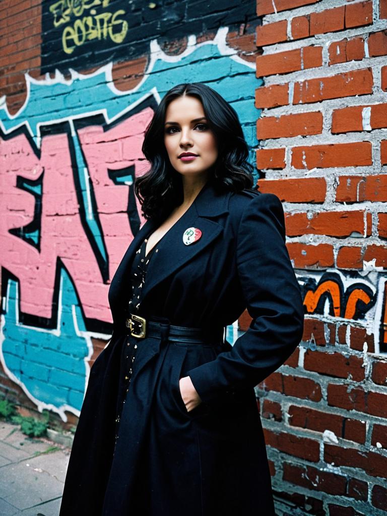 Confident Woman in Black Coat Posing by Graffiti Brick Wall Urban Fashion Portrait