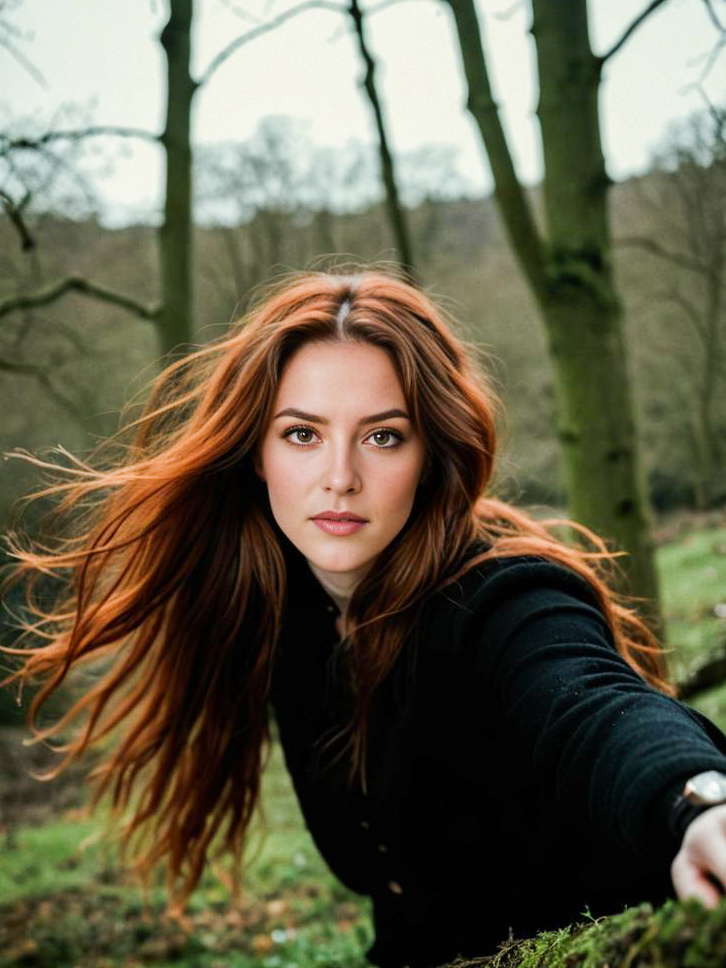 Woman with Flowing Red Hair in Serene Forest