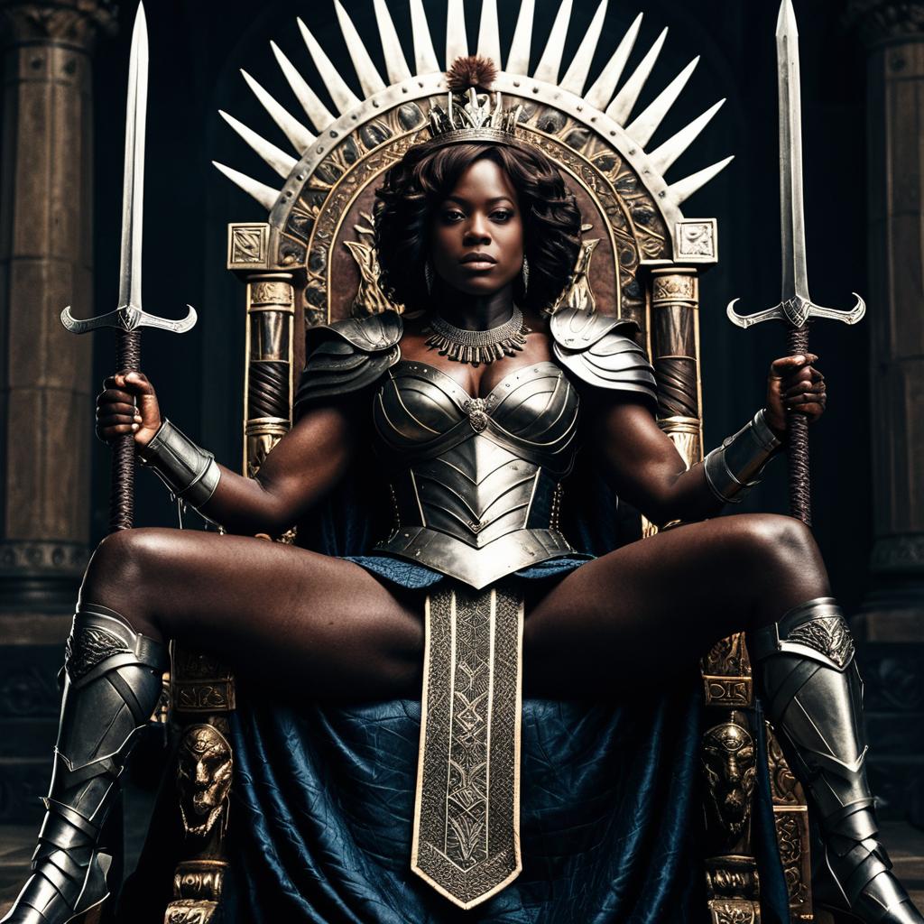 Regal Warrior Woman in Silver Armor on Throne Holding Swords