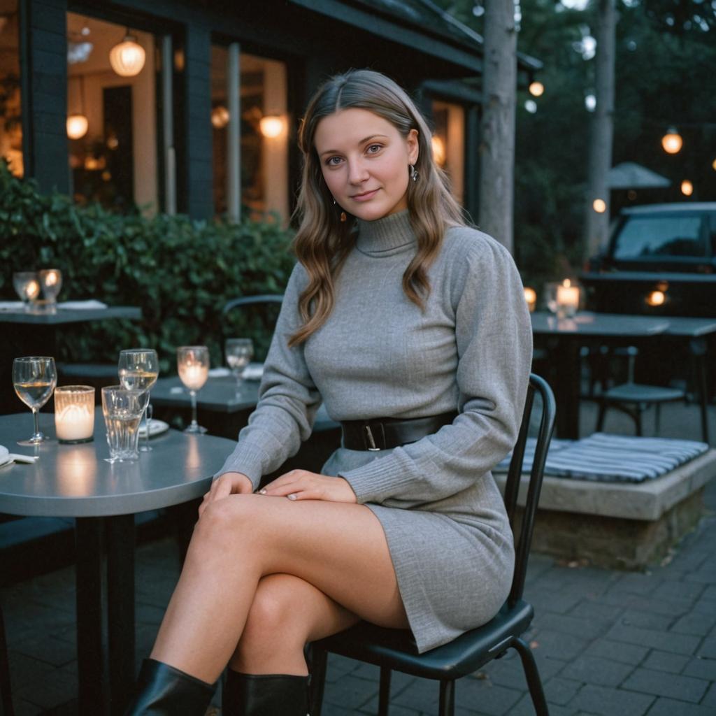 Chic Woman at Outdoor Café with Candles