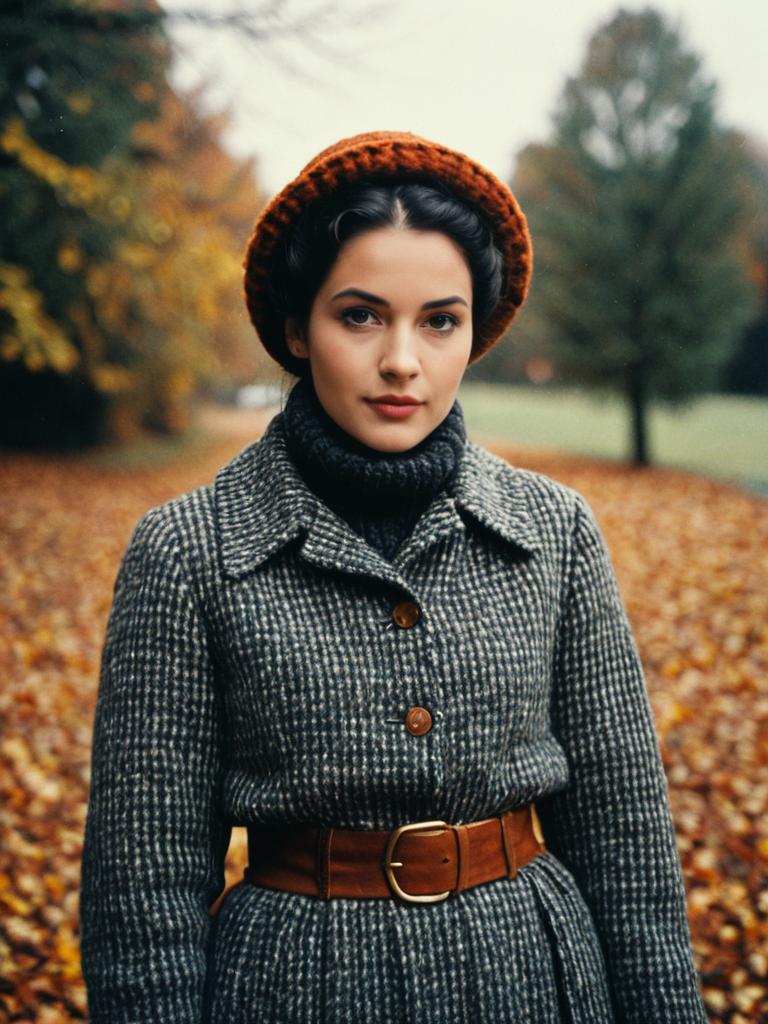 Woman in Vintage Cozy Fall Outfit Wearing Checked Coat and Beret