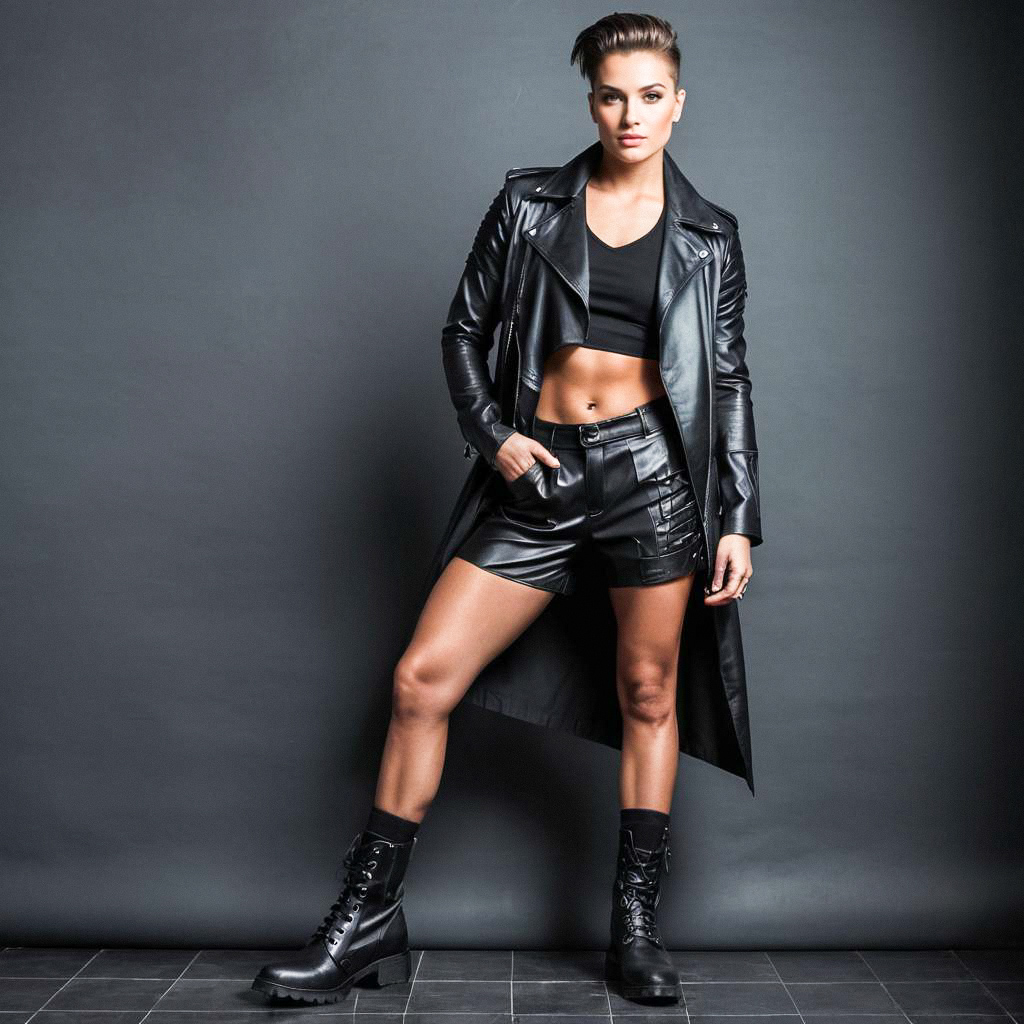 Confident Woman in Black Leather Outfit
