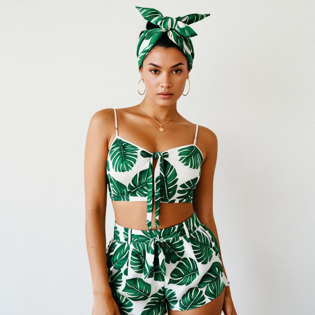 Woman in Tropical Resort Wear with White and Green Leaf Print Crop Top and Shorts