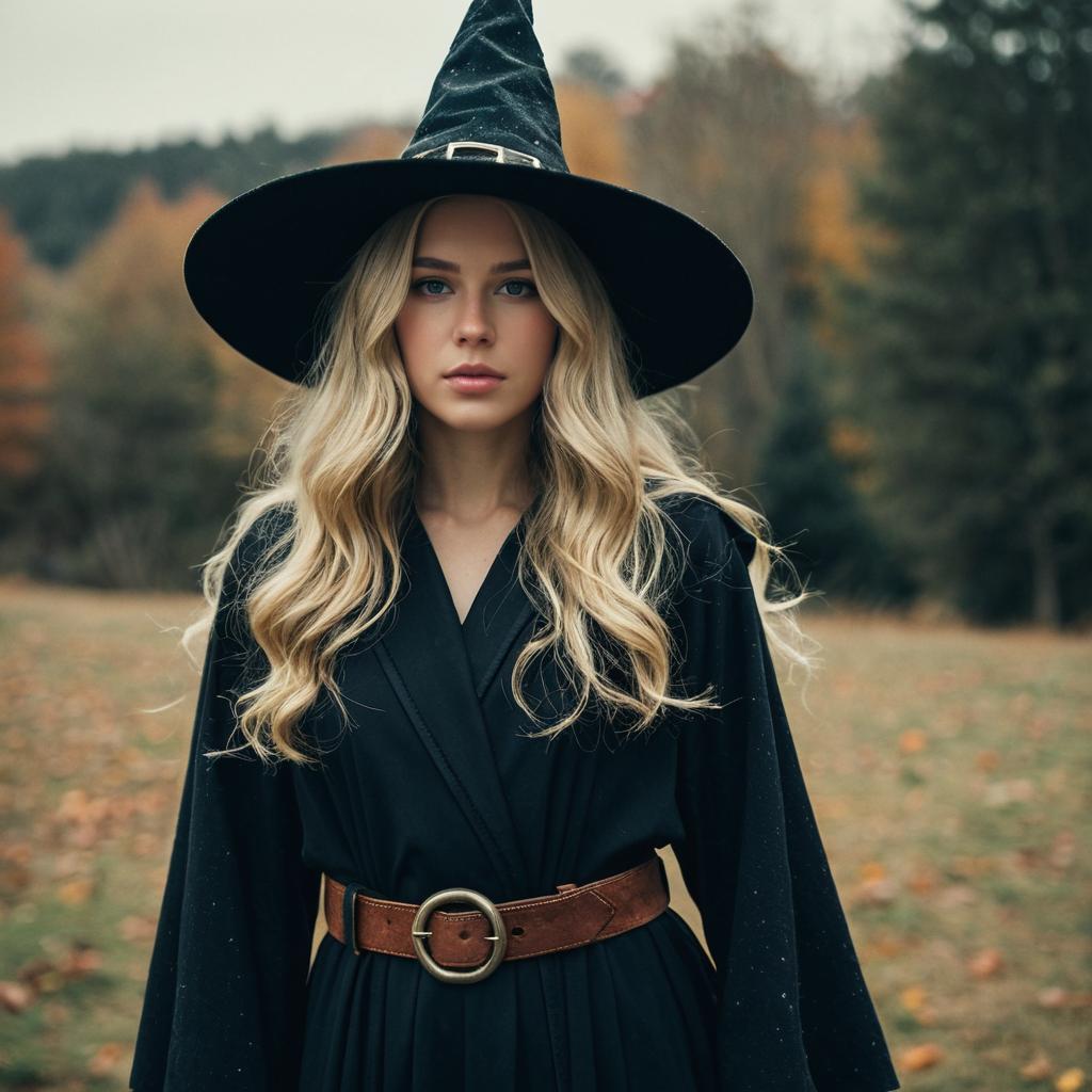 Blonde Woman in Witch Costume with Wide Brim Hat in Autumn Forest