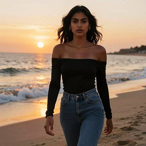 Young Woman Walking On Beach At Sunset Wearing Off-Shoulder Black Top And Jeans