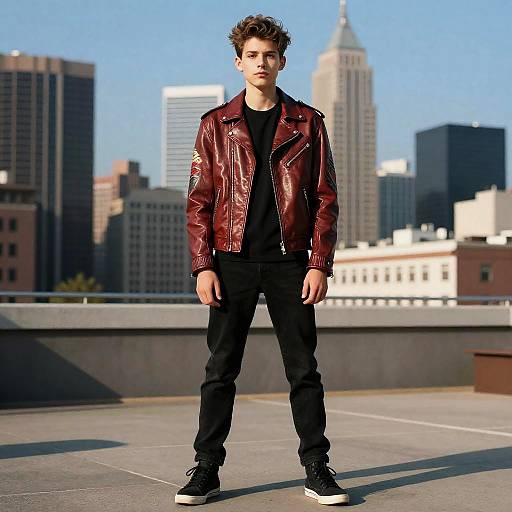 Young Man Wearing Red Leather Jacket in Urban Rooftop Setting Gen Z Street Style