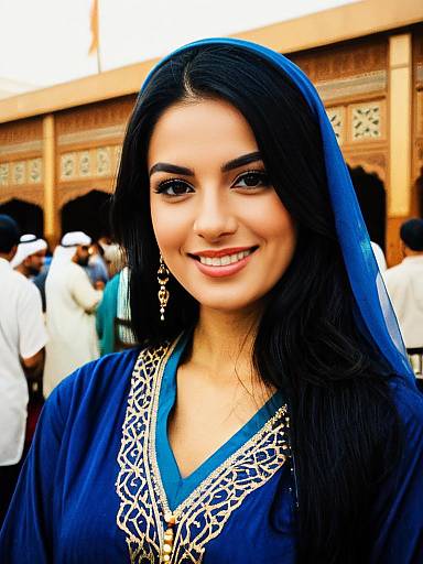Woman in Traditional Arabian Dress Smiling at Cultural Event