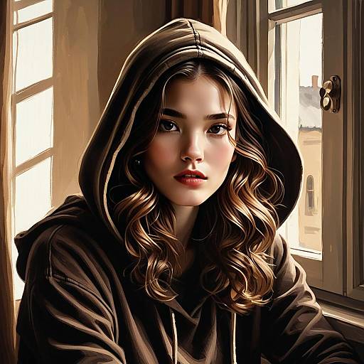Portrait of Young Woman in Brown Hoodie by Window - Realistic Digital Art