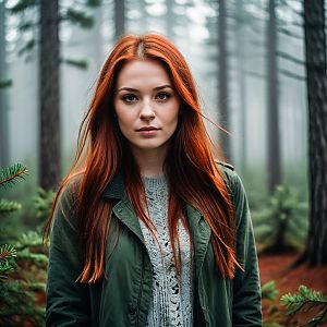 Young Woman with Red Hair in Misty Forest