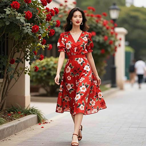 Woman in Red Floral Dress Walking by Roses Street Style