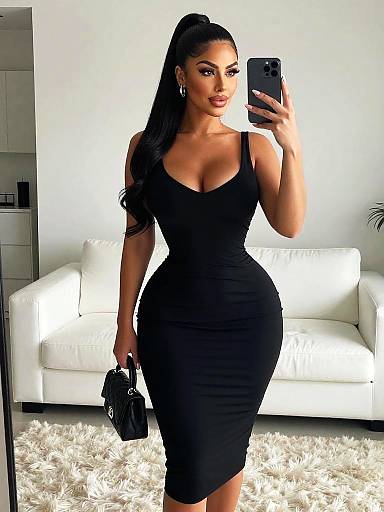 Confident Woman in Elegant Black Dress Taking Mirror Selfie