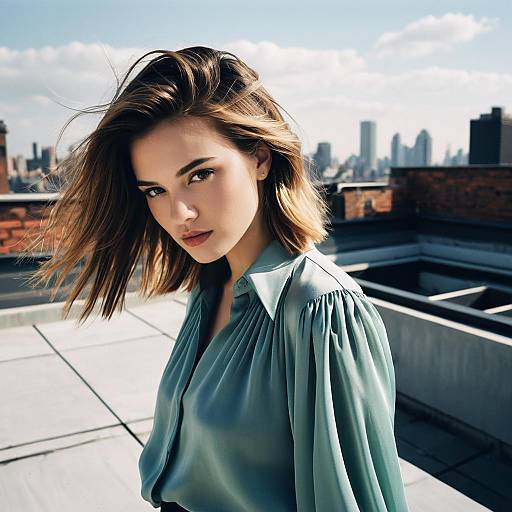 Young Woman in Blue Blouse on Urban Rooftop with City Skyline