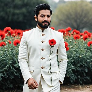 Man in White Sherwani in Garden with Red Flowers