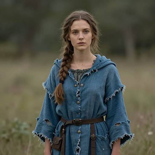 Young Woman in Distressed Blue Medieval Style Hooded Dress Outdoors