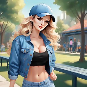 Stylish young woman in denim jacket and baseball cap