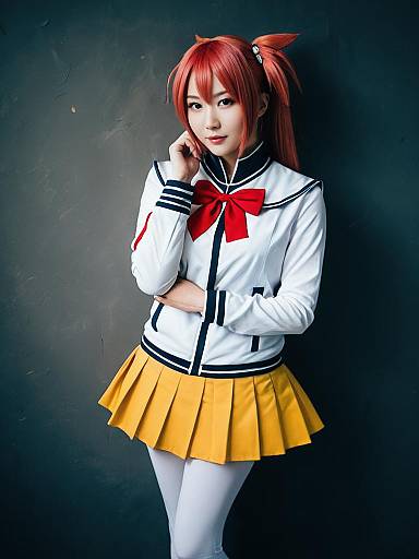 Realistic Cosplay Woman in Rika Jougasaki Anime Costume with Yellow Skirt