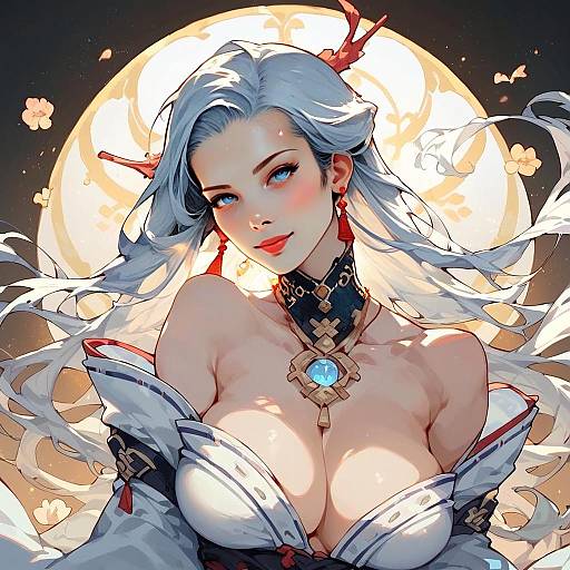 Anime Style Digital Art of Silver-Haired Woman with Blue Eyes