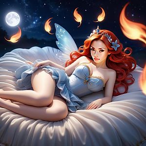 Enchanting Red-Haired Fairy Woman in Blue Dress Under Moonlight
