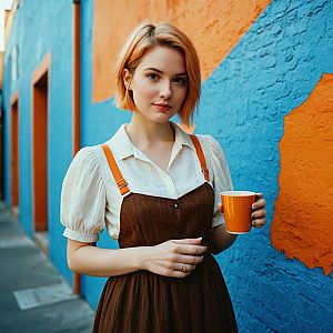 Young Woman Holding Coffee Mug by Colorful Urban Wall