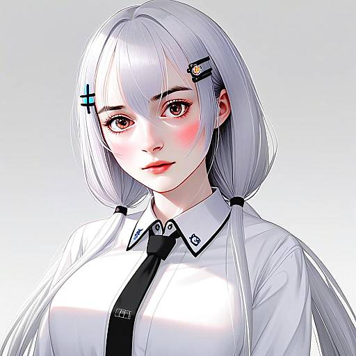 Hakase Fuyuki Anime Style Portrait of Silver-Haired Woman in White Shirt and Tie