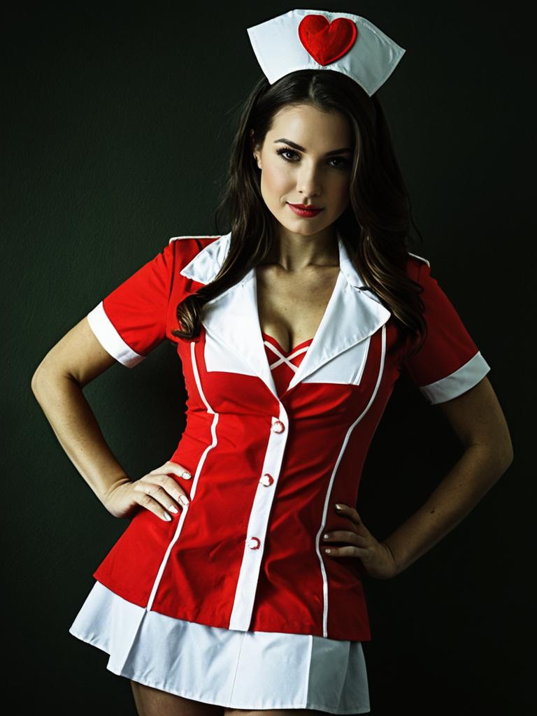 Woman in Red and White Heartbreaker Nurse Costume with Heart Hat