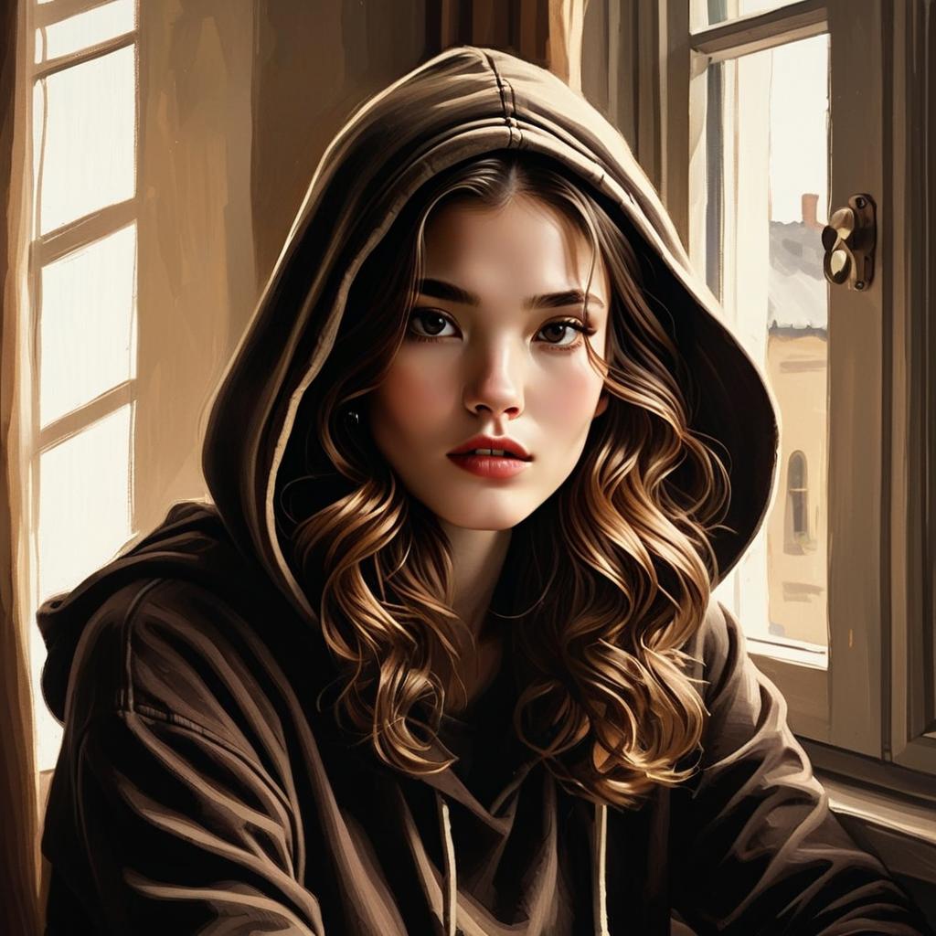 Portrait of Young Woman in Brown Hoodie by Window - Realistic Digital Art