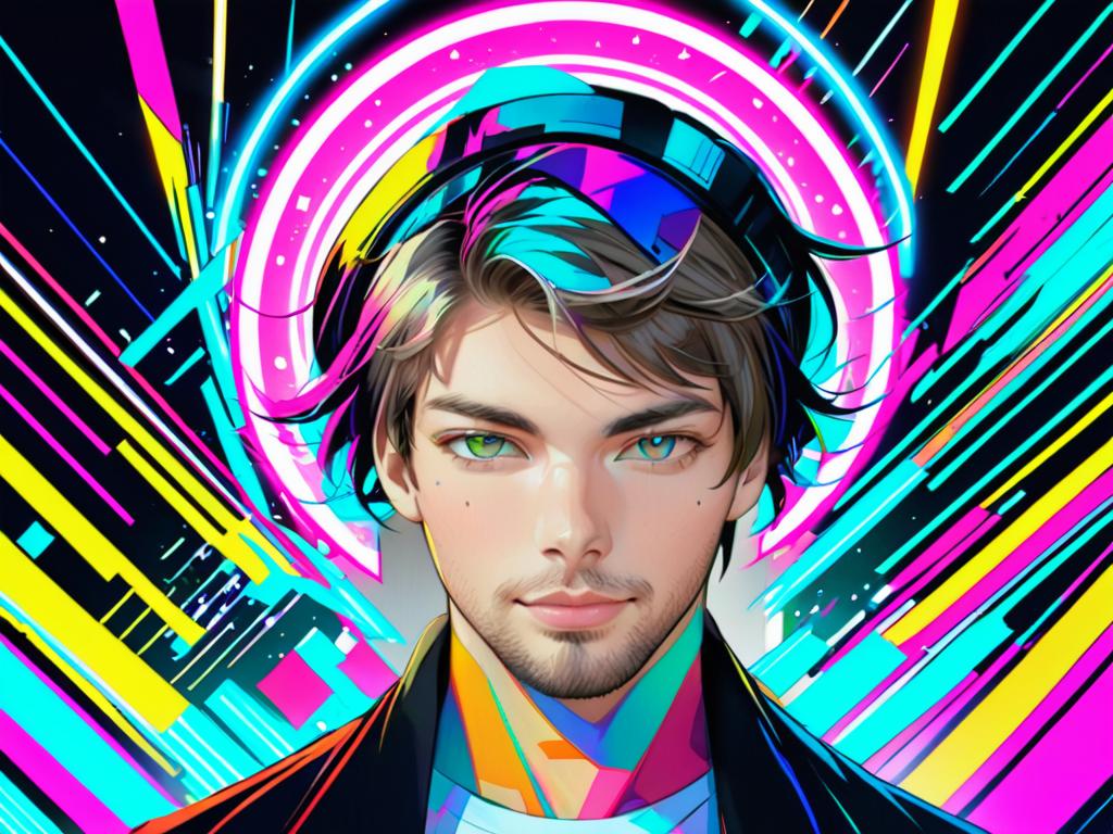 Vibrant anime-style young man with blue eyes