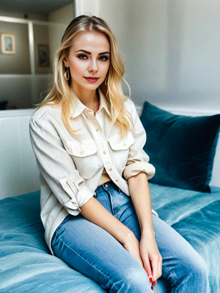 Stylish Woman on Teal Sofa