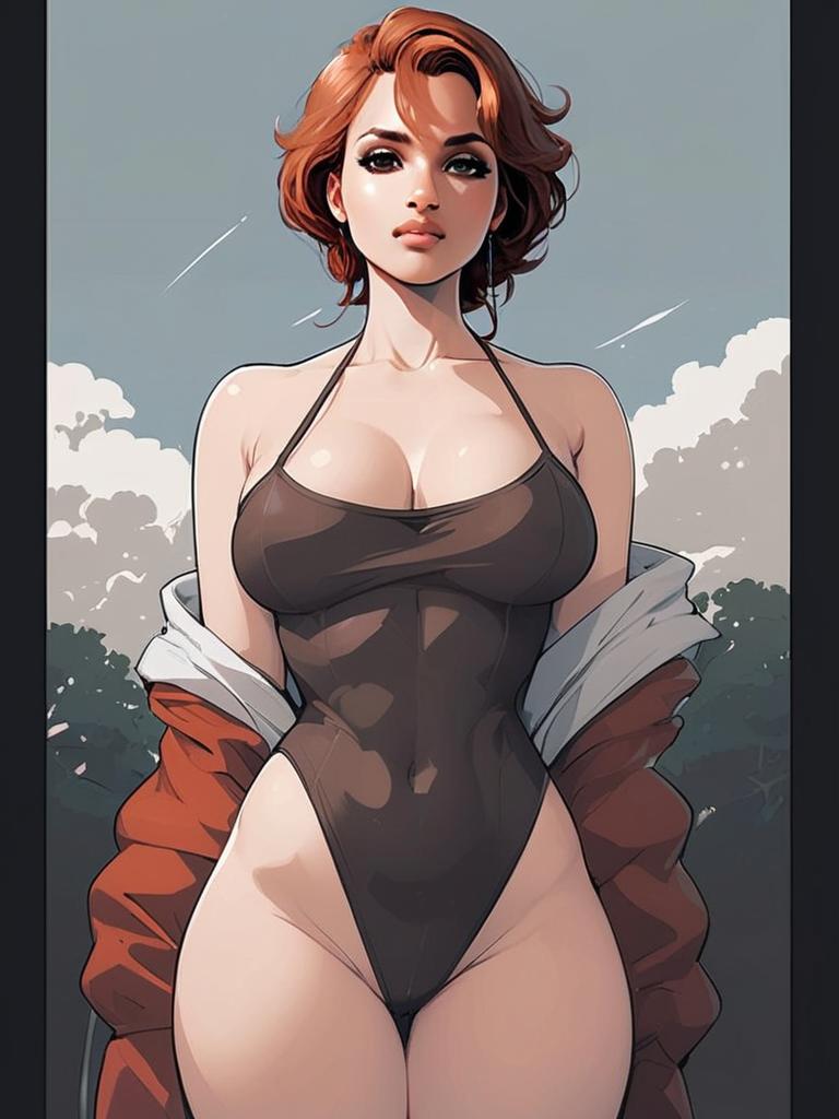 Confident Woman in Black Swimsuit Digital Anime Style Illustration