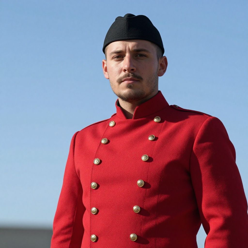 Young Man in Red Military-Style Coat and Black Cap Outdoors